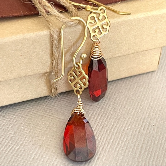 Handmade Jewelry - Red Zirconia Gold Drop Earrings | Pierced & Clip-On | Boutique Gift Box